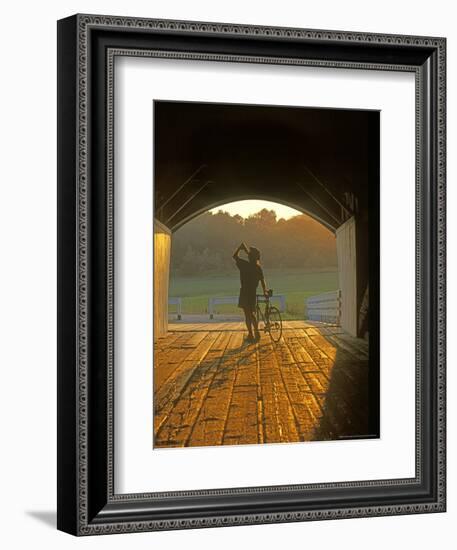 Bicyclist at Covered Bridge, Iowa, USA-Chuck Haney-Framed Photographic Print