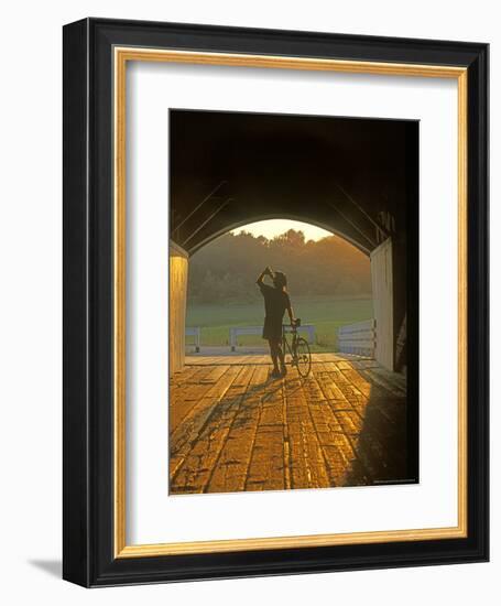 Bicyclist at Covered Bridge, Iowa, USA-Chuck Haney-Framed Photographic Print