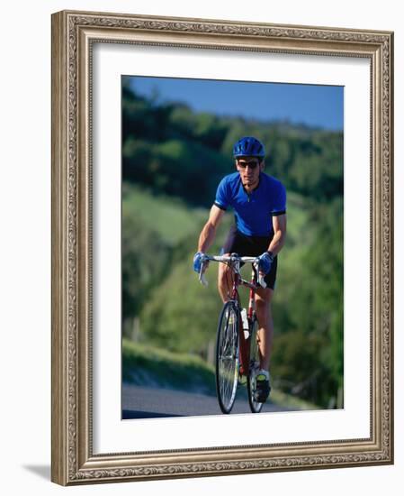 Bicyclist on Road, Napa Valley, CA-Robert Houser-Framed Photographic Print