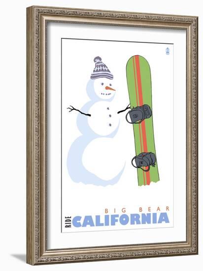 Big Bear, California, Snowman with Snowboard-Lantern Press-Framed Art Print