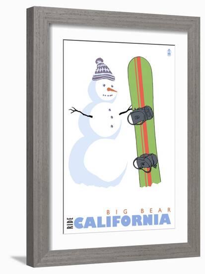 Big Bear, California, Snowman with Snowboard-Lantern Press-Framed Art Print