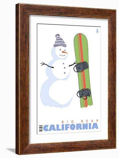 Big Bear, California, Snowman with Snowboard-Lantern Press-Framed Art Print