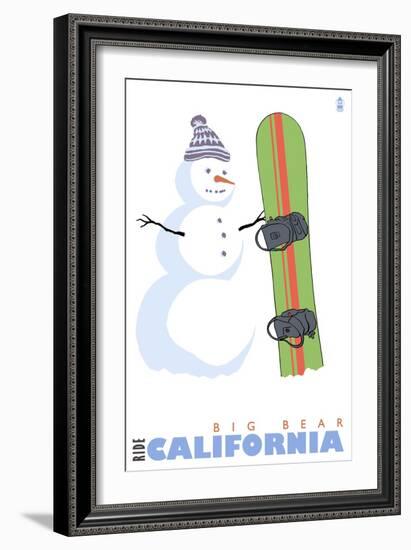 Big Bear, California, Snowman with Snowboard-Lantern Press-Framed Art Print