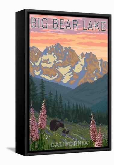 Big Bear Lake, California - Bears and Spring Flowers-Lantern Press-Framed Stretched Canvas