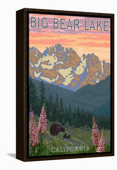 Big Bear Lake, California - Bears and Spring Flowers-Lantern Press-Framed Stretched Canvas