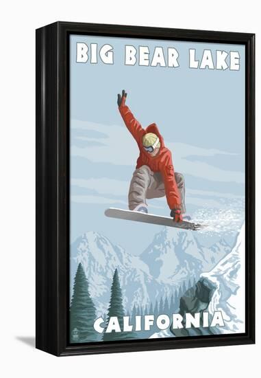 Big Bear Lake - California - Snowboarder Jumping-Lantern Press-Framed Stretched Canvas