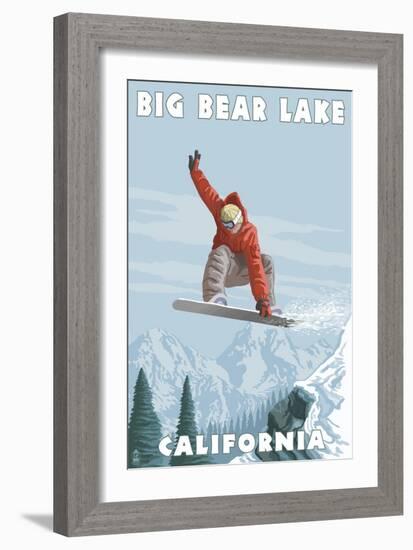 Big Bear Lake - California - Snowboarder Jumping-Lantern Press-Framed Art Print