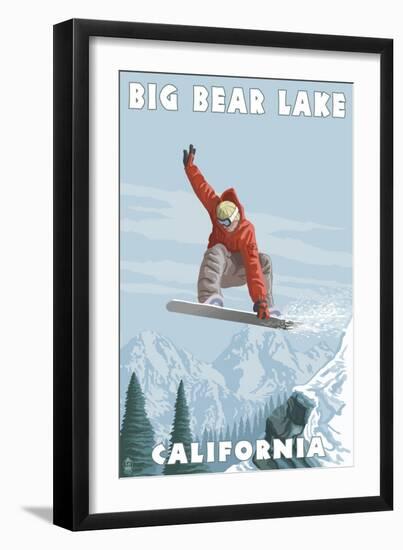 Big Bear Lake - California - Snowboarder Jumping-Lantern Press-Framed Art Print