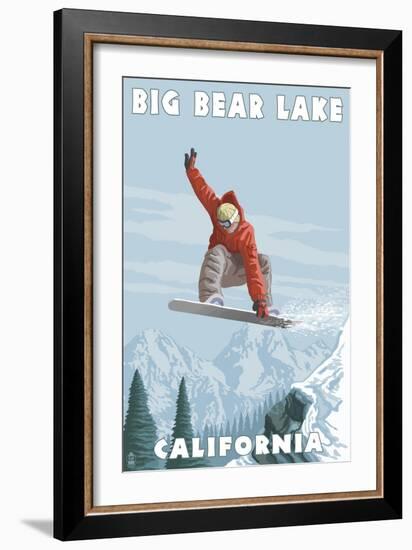 Big Bear Lake - California - Snowboarder Jumping-Lantern Press-Framed Art Print