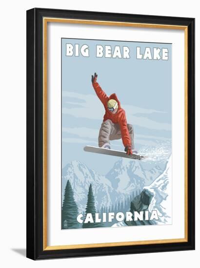 Big Bear Lake - California - Snowboarder Jumping-Lantern Press-Framed Art Print