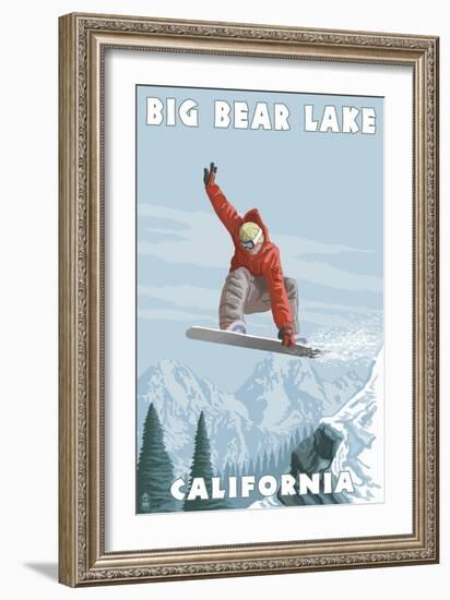 Big Bear Lake - California - Snowboarder Jumping-Lantern Press-Framed Premium Giclee Print