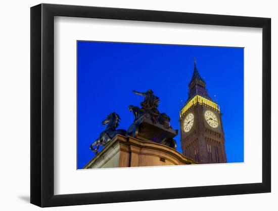 Big Ben and Boadicea Statue, dusk, Westminster, London, England, United Kingdom, Europe-John Guidi-Framed Photographic Print