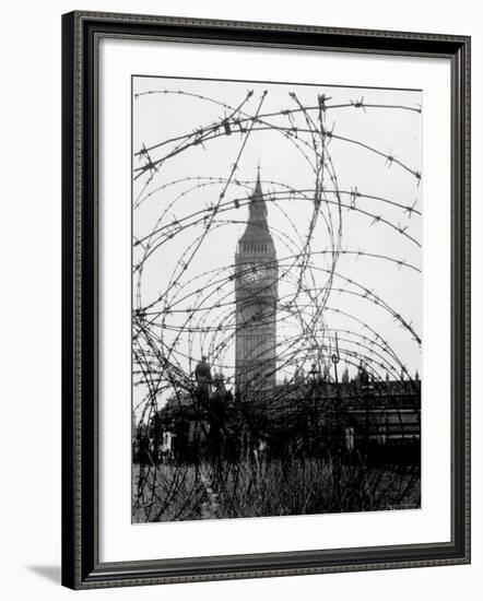 Big Ben and Houses of Parliament Behind Webbing of Barbed Wire, During WWII-null-Framed Photographic Print
