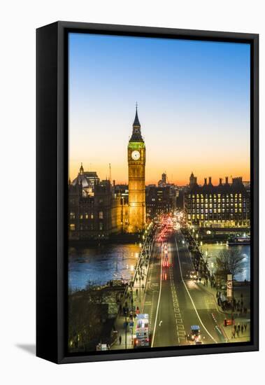 Big Ben (the Elizabeth Tower), and busy traffic on Westminster Bridge at dusk, London, England, Uni-Fraser Hall-Framed Premier Image Canvas