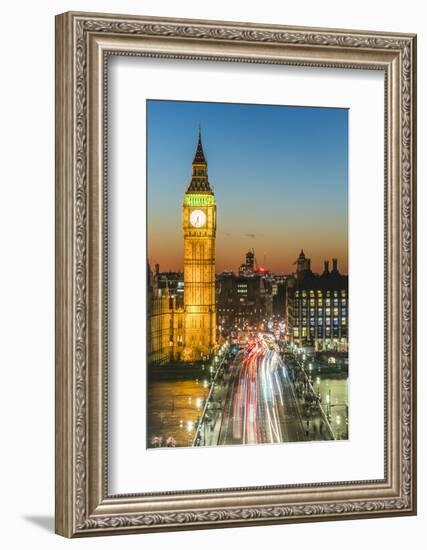 Big Ben (the Elizabeth Tower) and busy traffic on Westminster Bridge at dusk, London, England, Unit-Fraser Hall-Framed Photographic Print