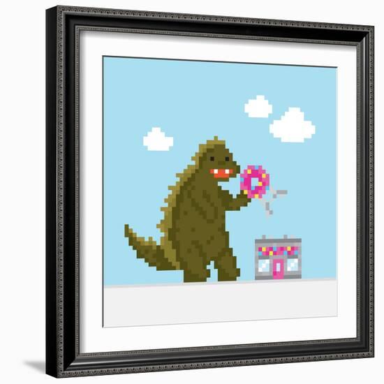 Big Dinosaur Attacking Donut Cafe Cartoon Vector Illustration-dmitriylo-Framed Art Print