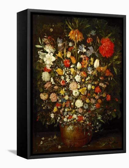 Big Flower Bouquet in a wooden vessel, 1606/07-Jan Brueghel the Elder-Framed Premier Image Canvas