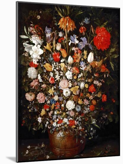 Big Flower Bouquet in a Wooden Vessel-Jan Brueghel the Elder-Mounted Premium Giclee Print
