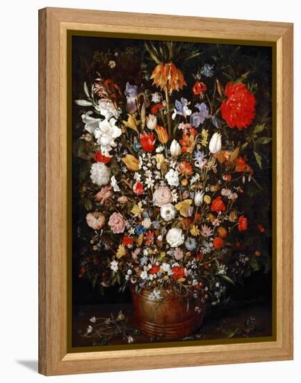 Big Flower Bouquet in a Wooden Vessel-Jan Brueghel the Elder-Framed Premier Image Canvas