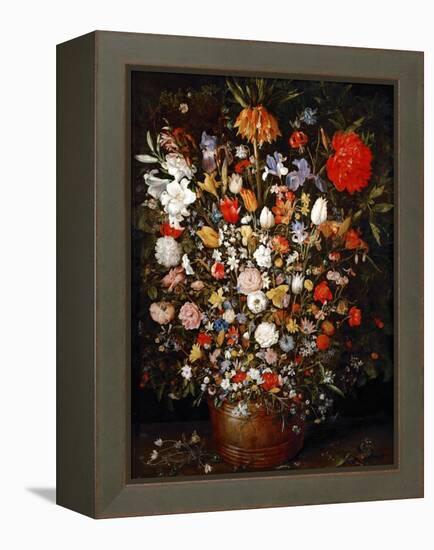 Big Flower Bouquet in a Wooden Vessel-Jan Brueghel the Elder-Framed Premier Image Canvas