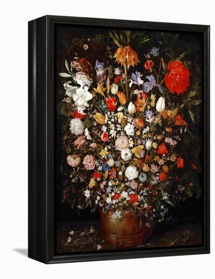 Big Flower Bouquet in a Wooden Vessel-Jan Brueghel the Elder-Framed Premier Image Canvas