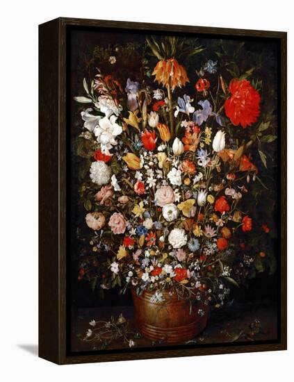 Big Flower Bouquet in a Wooden Vessel-Jan Brueghel the Elder-Framed Premier Image Canvas