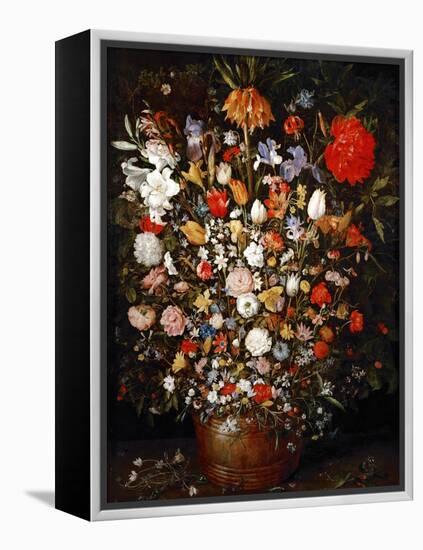 Big Flower Bouquet in a Wooden Vessel-Jan Brueghel the Elder-Framed Premier Image Canvas