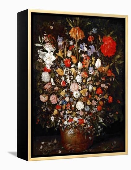 Big Flower Bouquet in a Wooden Vessel-Jan Brueghel the Elder-Framed Premier Image Canvas