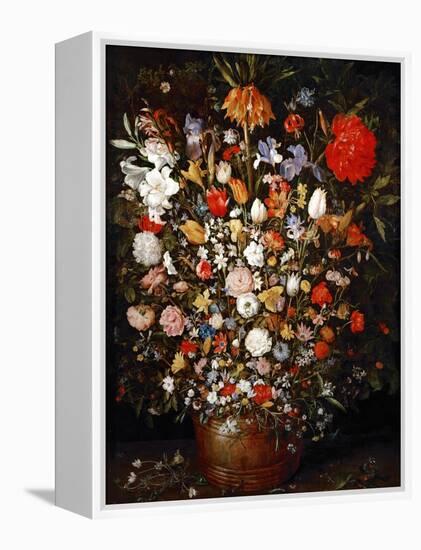 Big Flower Bouquet in a Wooden Vessel-Jan Brueghel the Elder-Framed Premier Image Canvas