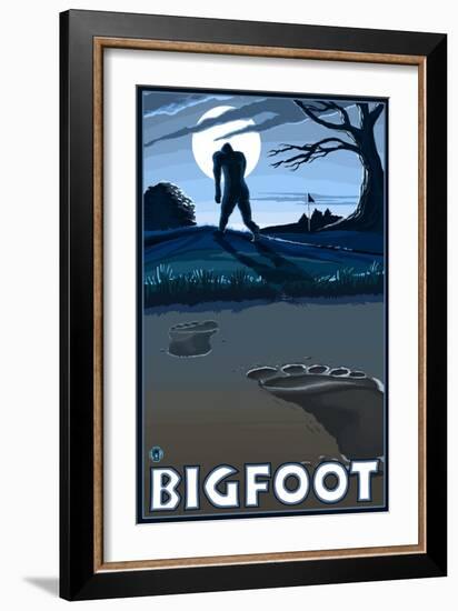 Big Foot walking through Golf Course-Lantern Press-Framed Art Print