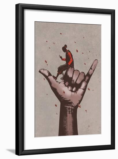 Big Hand in CALL ME Sign with Man Using Mobile Phone,Illustration Painting-Tithi Luadthong-Framed Art Print