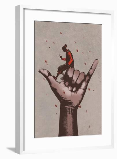 Big Hand in CALL ME Sign with Man Using Mobile Phone,Illustration Painting-Tithi Luadthong-Framed Art Print