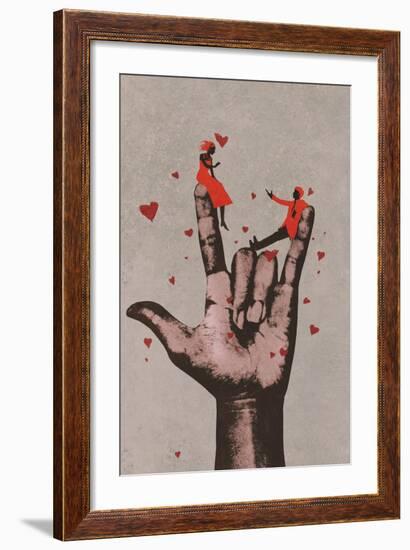 Big Hand in I LOVE YOU Sign with Romantic Couple,Illustration Painting-Tithi Luadthong-Framed Art Print