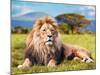 Big Lion Lying on Savannah Grass. Landscape with Characteristic Trees on the Plain and Hills in The-Michal Bednarek-Mounted Premium Photographic Print