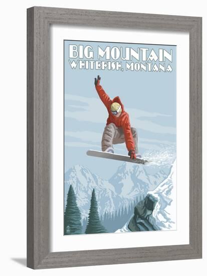 Big Mountain - Whitefish, Montana - Snowboarder Jumping-Lantern Press-Framed Premium Giclee Print
