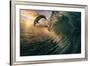 Big Ocean Breaking Wave and Sunset Dolphin Leaping.-Willyam Bradberry-Framed Photographic Print