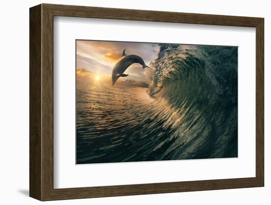 Big Ocean Breaking Wave and Sunset Dolphin Leaping.-Willyam Bradberry-Framed Photographic Print