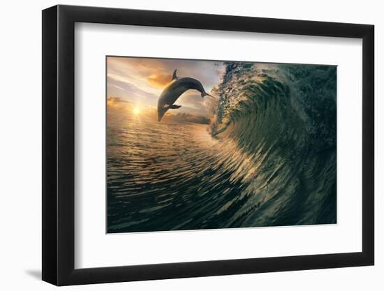 Big Ocean Breaking Wave and Sunset Dolphin Leaping.-Willyam Bradberry-Framed Photographic Print