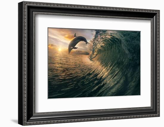 Big Ocean Breaking Wave and Sunset Dolphin Leaping.-Willyam Bradberry-Framed Photographic Print