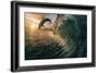 Big Ocean Breaking Wave and Sunset Dolphin Leaping.-Willyam Bradberry-Framed Photographic Print