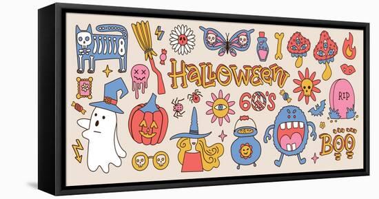Big Set of 70S Halloween Psychedelic Clipart Elements. Retro Groovy Graphic Items of Pumpkin, Skull-Svetlana Shamshurina-Framed Premier Image Canvas