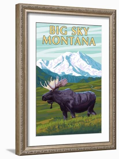 Big Sky, Montana - Moose and Mountain-Lantern Press-Framed Art Print