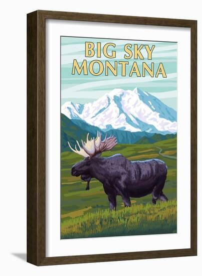 Big Sky, Montana - Moose and Mountain-Lantern Press-Framed Art Print