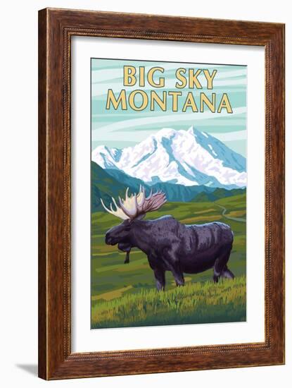 Big Sky, Montana - Moose and Mountain-Lantern Press-Framed Art Print