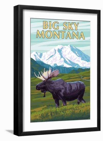 Big Sky, Montana - Moose and Mountain-Lantern Press-Framed Art Print