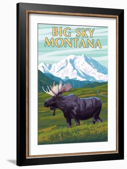 Big Sky, Montana - Moose and Mountain-Lantern Press-Framed Art Print