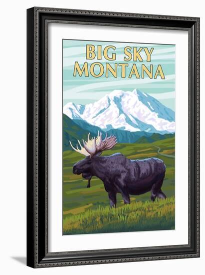 Big Sky, Montana - Moose and Mountain-Lantern Press-Framed Art Print