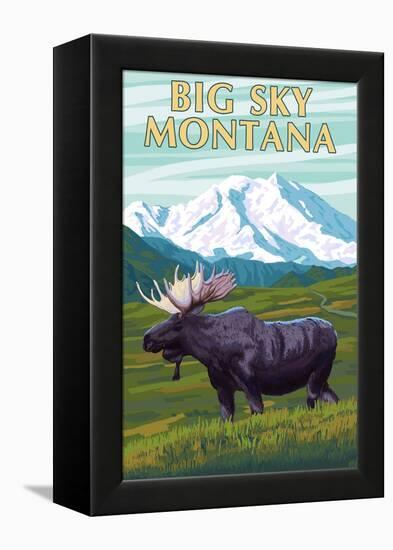 Big Sky, Montana - Moose and Mountain-Lantern Press-Framed Stretched Canvas