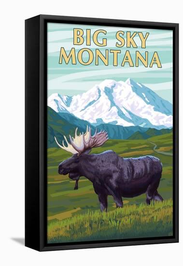 Big Sky, Montana - Moose and Mountain-Lantern Press-Framed Stretched Canvas