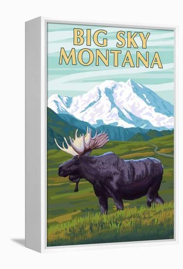 Big Sky, Montana - Moose and Mountain-Lantern Press-Framed Stretched Canvas